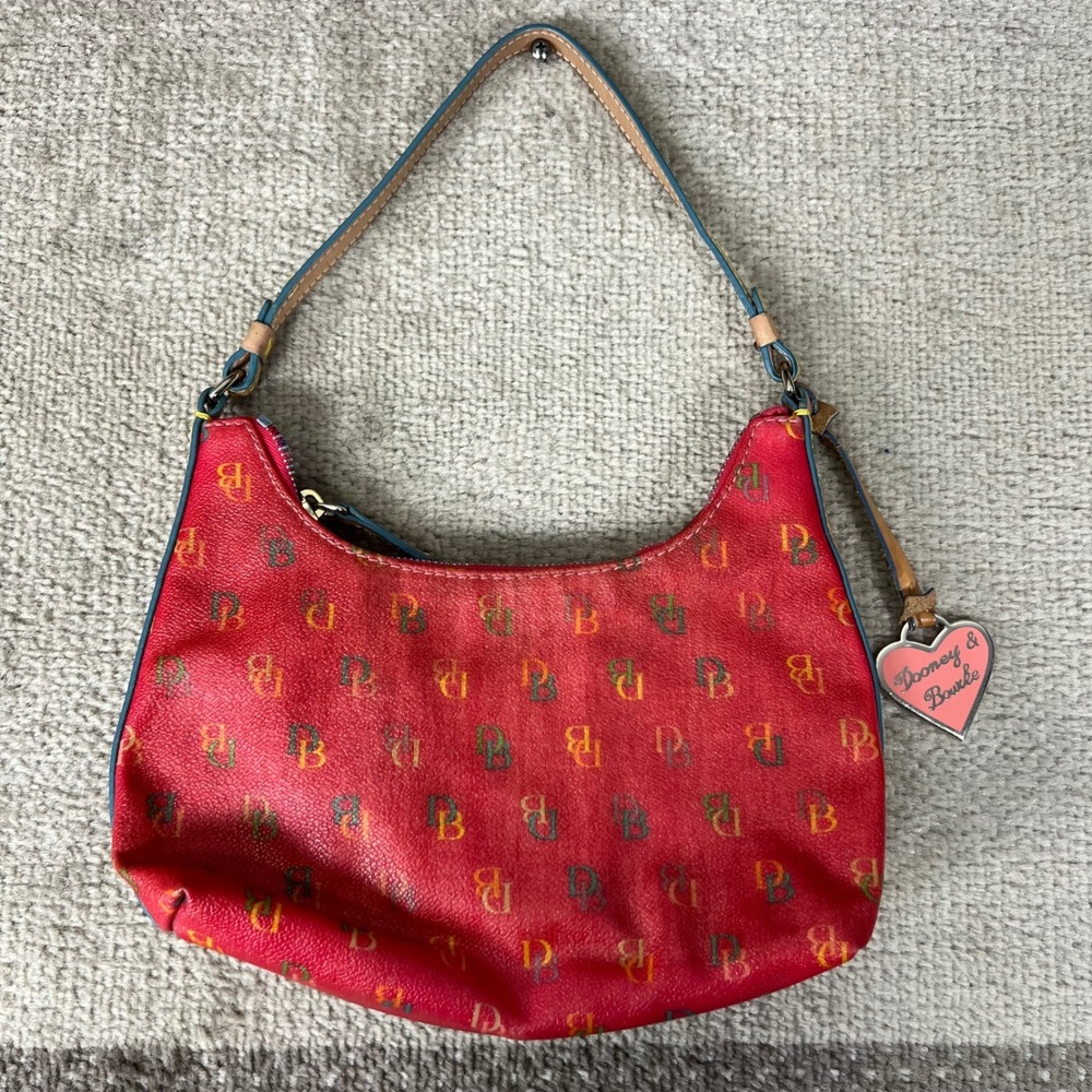 Y2K Dooney & Bourke Red Monogram Small Shoulder‎ Bag Heart Charm Rainbow Zip